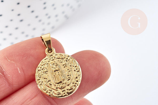 Pendentif médaille ronde vierge acier doré, pendentif doré sans nickel,acier doré,médaille or,22mm,x1 (G2651)