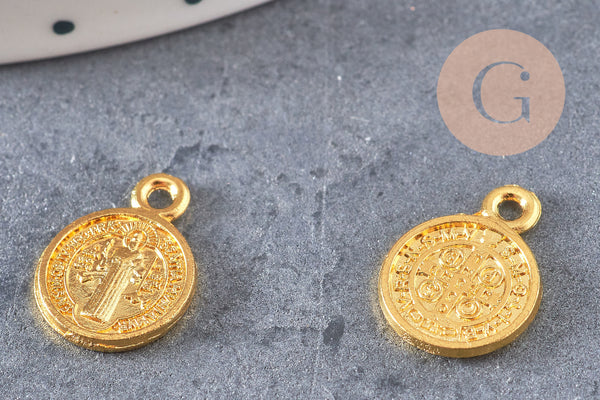 Pendentif médaille rondes Saint Benoit zamac doré 14mm, médaillon religionsans nickel, x10 (G1623)