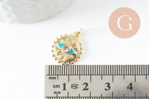 Pendentif médaille soleil oeil émail bleu laiton doré 18K et cristal zircon,pendentif laiton chance pour création bijoux,17mm, x1 (G5278)