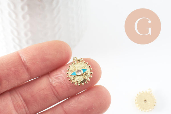 Pendentif médaille soleil oeil émail bleu laiton doré 18K et cristal zircon,pendentif laiton chance pour création bijoux,17mm, x1 (G5278)