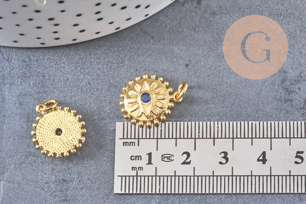 Pendentif médaille soleil oeil émail laiton doré 18K et cristal zircon,pendentif laiton chance pour création bijoux,17mm,x1 (G5287)