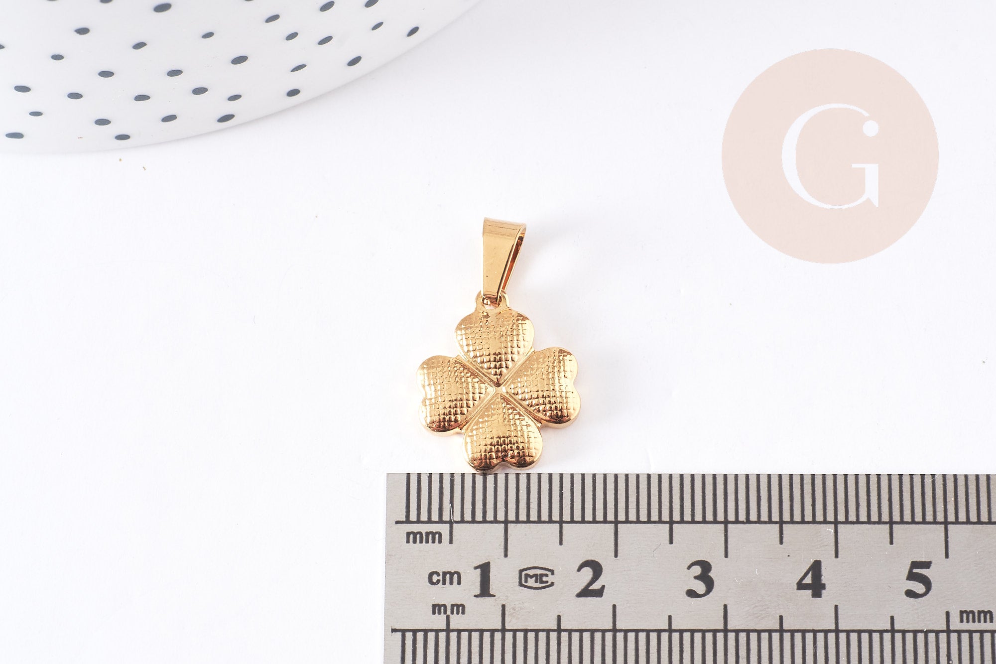 Pendentif médaille trèfle 4 feuilles acier doré 18mm, x1 (G2627)