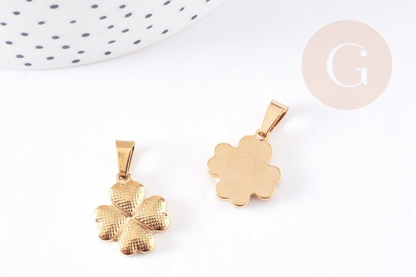 Pendentif médaille trèfle 4 feuilles acier doré 18mm, x1 (G2627)