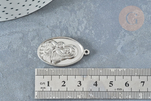 Pendentif médaille vierge ovale acier 304 inoxydable platine 34mm, x1 (G8321)