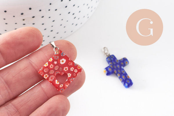 Pendentif millefiori verre murano 15-43mm, pendentif verre artisanal forme variée, x2 (G1130)