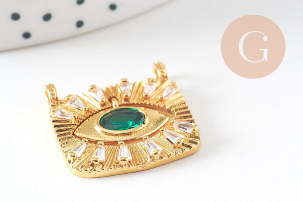Pendentif mobile carré oeil protecteur laiton doré zircon 21mm,pendentif doré avec cristaux , x1 (G5855)