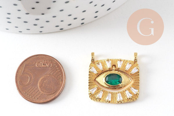 Pendentif mobile carré oeil protecteur laiton doré zircon 21mm,pendentif doré avec cristaux , x1 (G5855)