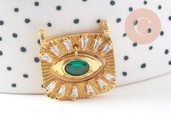 Pendentif mobile carré oeil protecteur laiton doré zircon 21mm,pendentif doré avec cristaux , x1 (G5855)