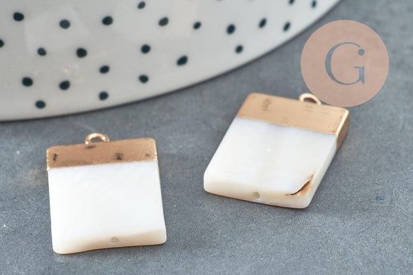 Pendentif nacre blanche naturelle doré rectangle 24mm,pendentif rond nacre,coquillage blanc, x2 G2579