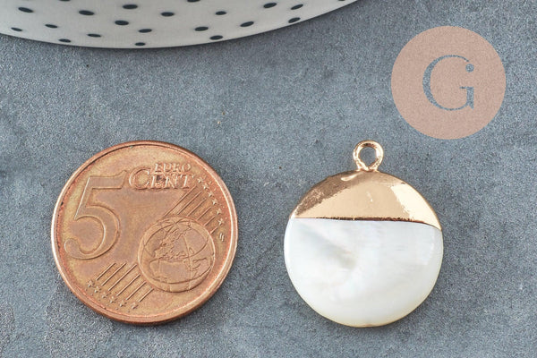 Pendentif nacre blanche naturelle doré,fourniture créative,pendentif rond nacre,coquillage blanc, 22.5mm, x2 G2548