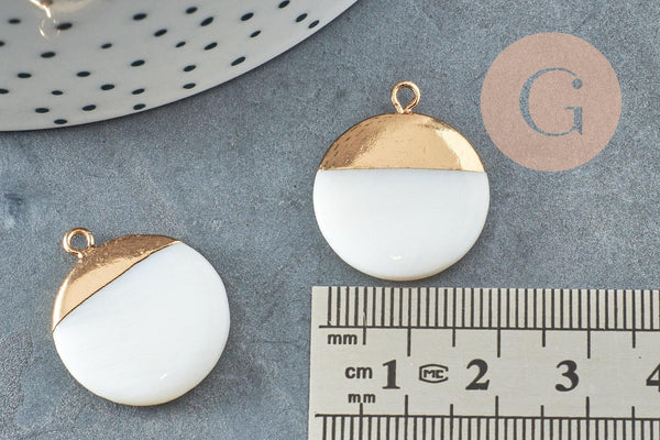Pendentif nacre blanche naturelle doré,fourniture créative,pendentif rond nacre,coquillage blanc, 23.5mm,x2 G5145