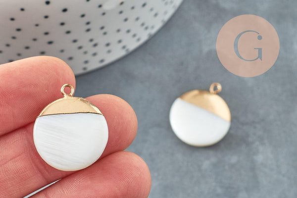 Pendentif nacre blanche naturelle doré,fourniture créative,pendentif rond nacre,coquillage blanc, 23.5mm,x2 G5145