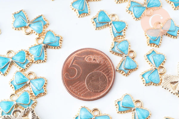 Pendentif noeud doré émail bleu 10mm,pendentif doré pour création de bijoux, x5 (G6098)