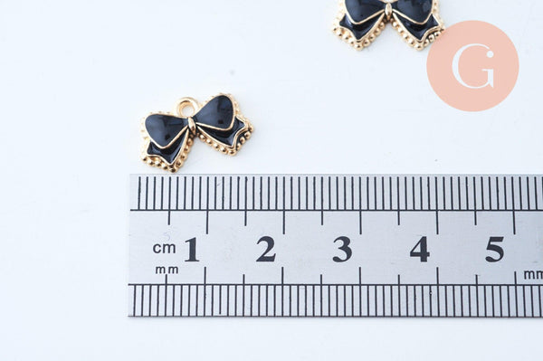 Pendentif noeud doré émail noir 10mm,pendentif doré pour création de bijoux, x5 (G6102)