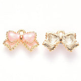 Pendentif noeud doré émail rose 10mm,pendentif doré pour création de bijoux x5 (G6097)