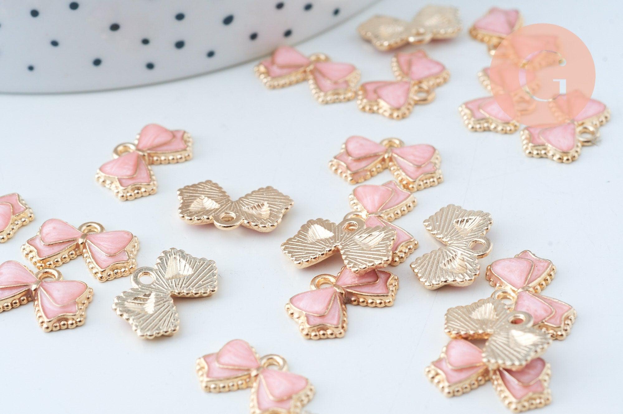 Pendentif noeud doré émail rose 10mm,pendentif doré pour création de bijoux x5 (G6097)