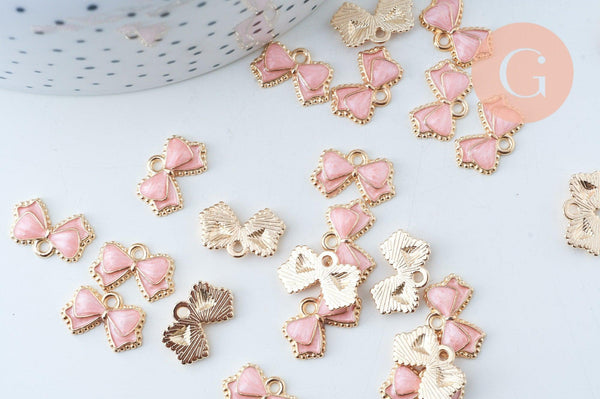 Pendentif noeud doré émail rose 10mm,pendentif doré pour création de bijoux x5 (G6097)