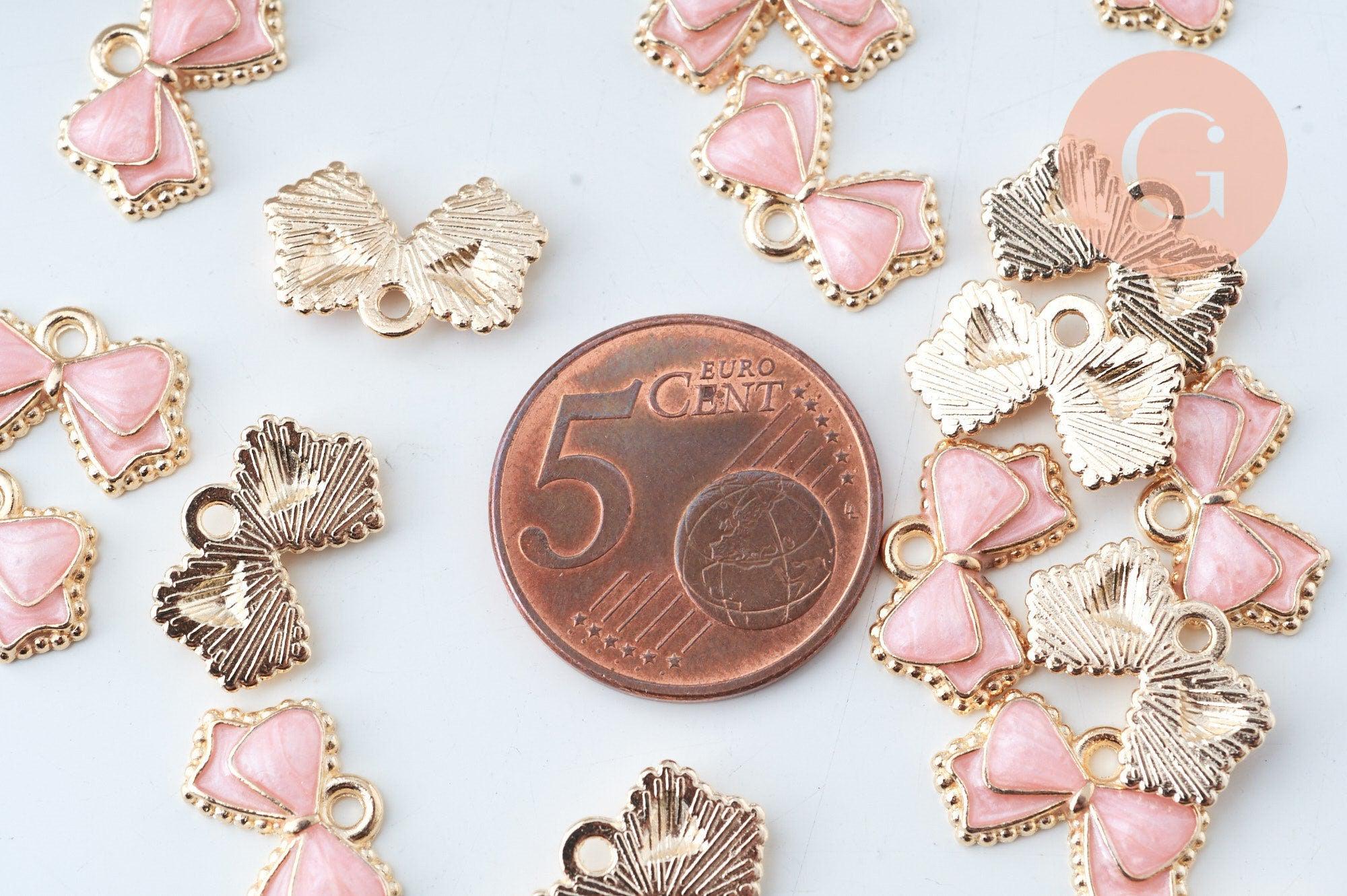 Pendentif noeud doré émail rose 10mm,pendentif doré pour création de bijoux x5 (G6097)