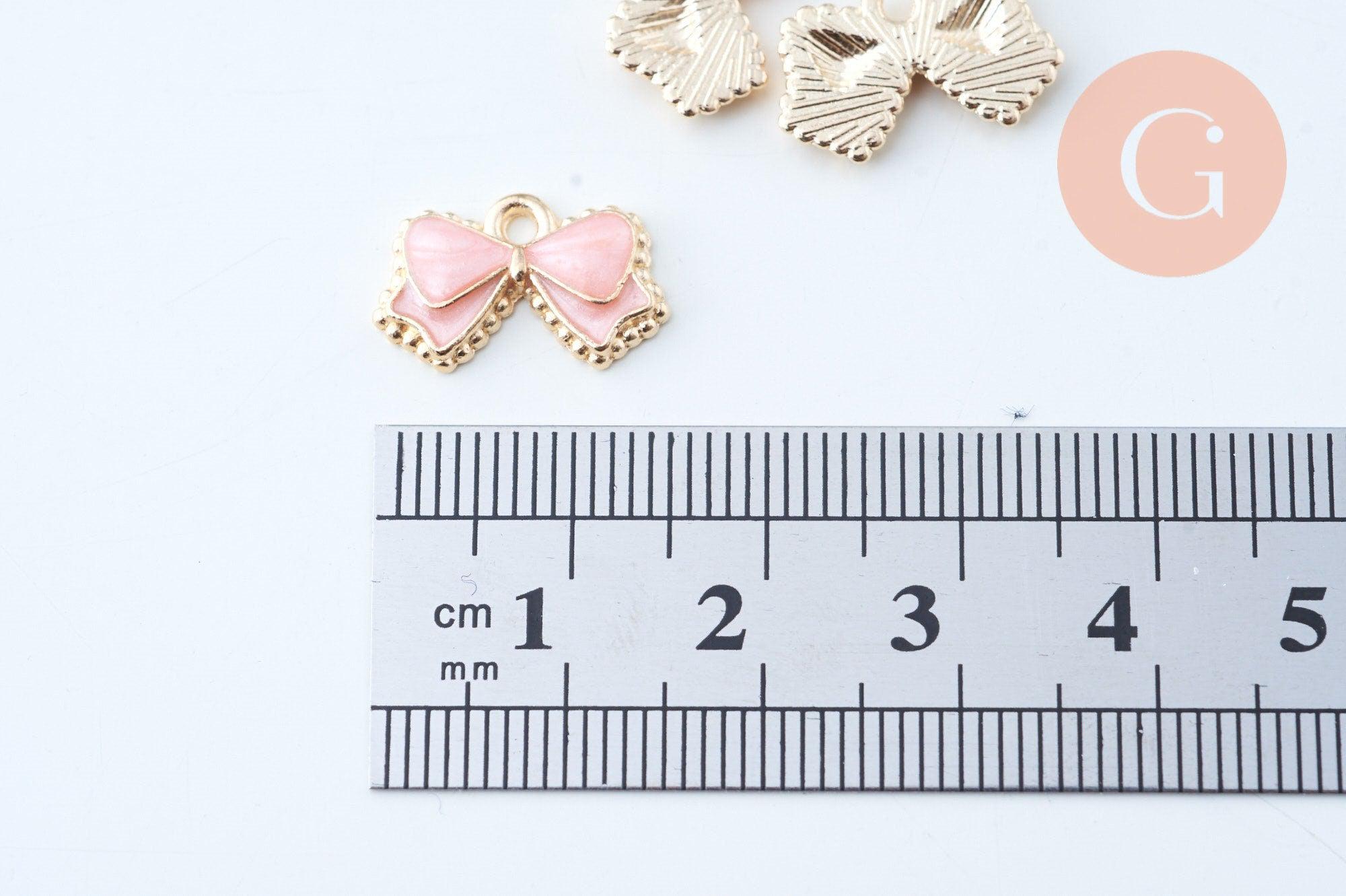 Pendentif noeud doré émail rose 10mm,pendentif doré pour création de bijoux x5 (G6097)