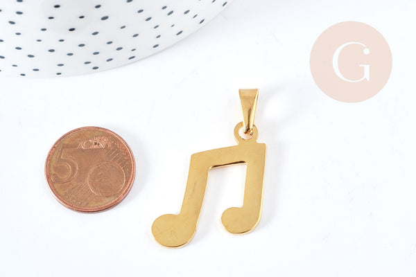 Pendentif note de musique acier doré inoxydable 33mm, x1 (G8771)