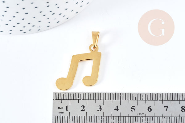 Pendentif note de musique acier doré inoxydable 33mm, x1 (G8771)