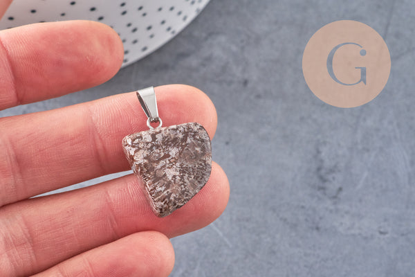 Pendentif obsidienne neige roulé acier platine 15-35mm, pendentif pierre acier inoxydable pierre naturelle, x1, G4991