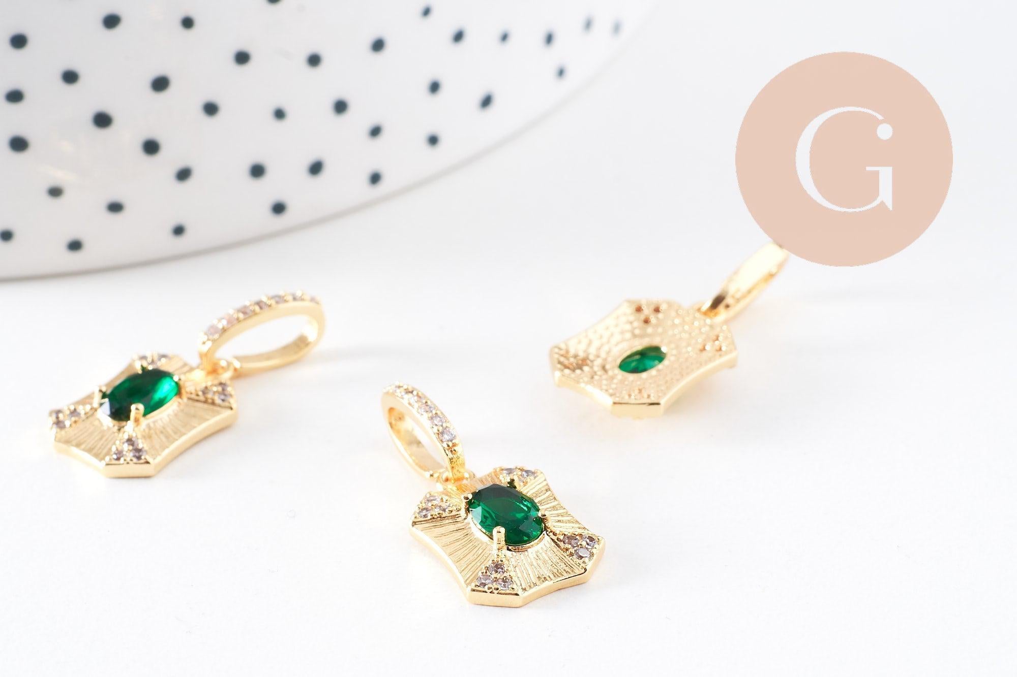 Pendentif octogone zircon blanc et vert laiton doré 18K 25mm, x1 (G10081)