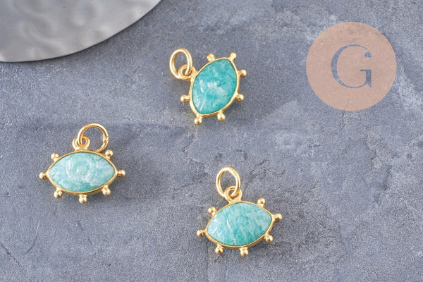 Pendentif oeil amazonite naturelle argent 925 doré 18K 15mm,x1 (G9871)
