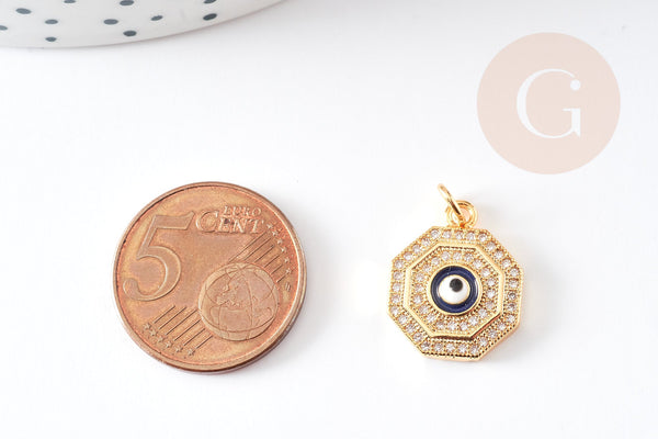 Pendentif œil cristal zircon octogone laiton doré 17mm,pendentif doré porte-bonheur or pour la création bijoux, x1 G3162