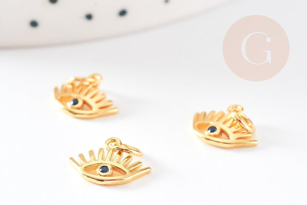 Pendentif oeil doré cristal bleu, pendentif doré, porte-bonheur,laiton doré,mauvais oeil,création bijoux,13mm, x2 G0642