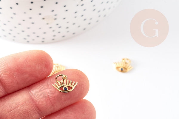 Pendentif oeil doré cristal bleu, pendentif doré, porte-bonheur,laiton doré,mauvais oeil,création bijoux,13mm, x2 G0642