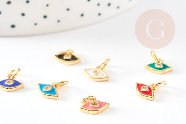 Pendentif œil doré cristal zircon émail coloré,pendentif doré,porte-bonheur,laiton doré, Pendentif œil,10mm, x2 G1818