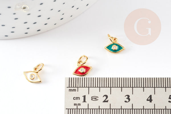 Pendentif œil doré cristal zircon émail coloré,pendentif doré,porte-bonheur,laiton doré, Pendentif œil,10mm, x2 G1818