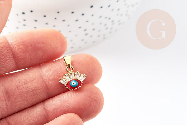 Pendentif oeil doré cristal zircon émaillé, pendentif doré, porte-bonheur,laiton doré,mauvais oeil,,12x13mm, x1 G3166