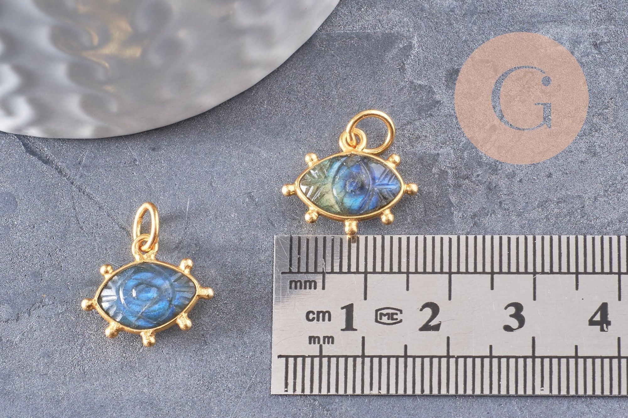 Pendentif oeil labradorite naturelle argent 925 doré 18K 15mm, pendentif amulette pierre naturelle x1 (G9866)