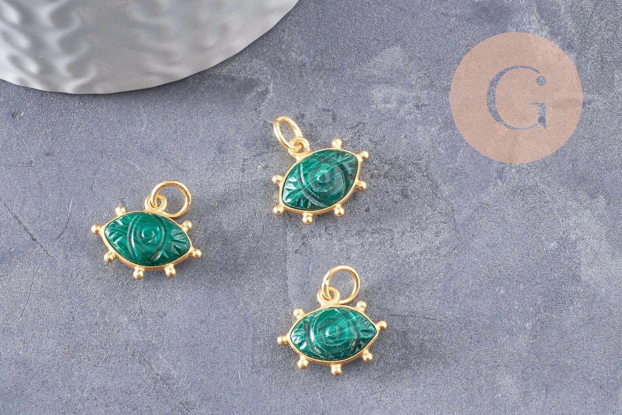 Pendentif oeil malachite naturelle argent 925 doré 18K 15mm, pendentif amulette pierre naturelle x1 (G9865)