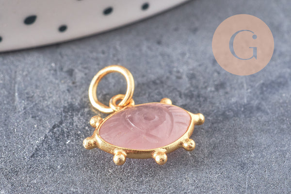 Pendentif oeil quartz rose naturel argent 925 doré 18K 15mm, x1 (G10849)