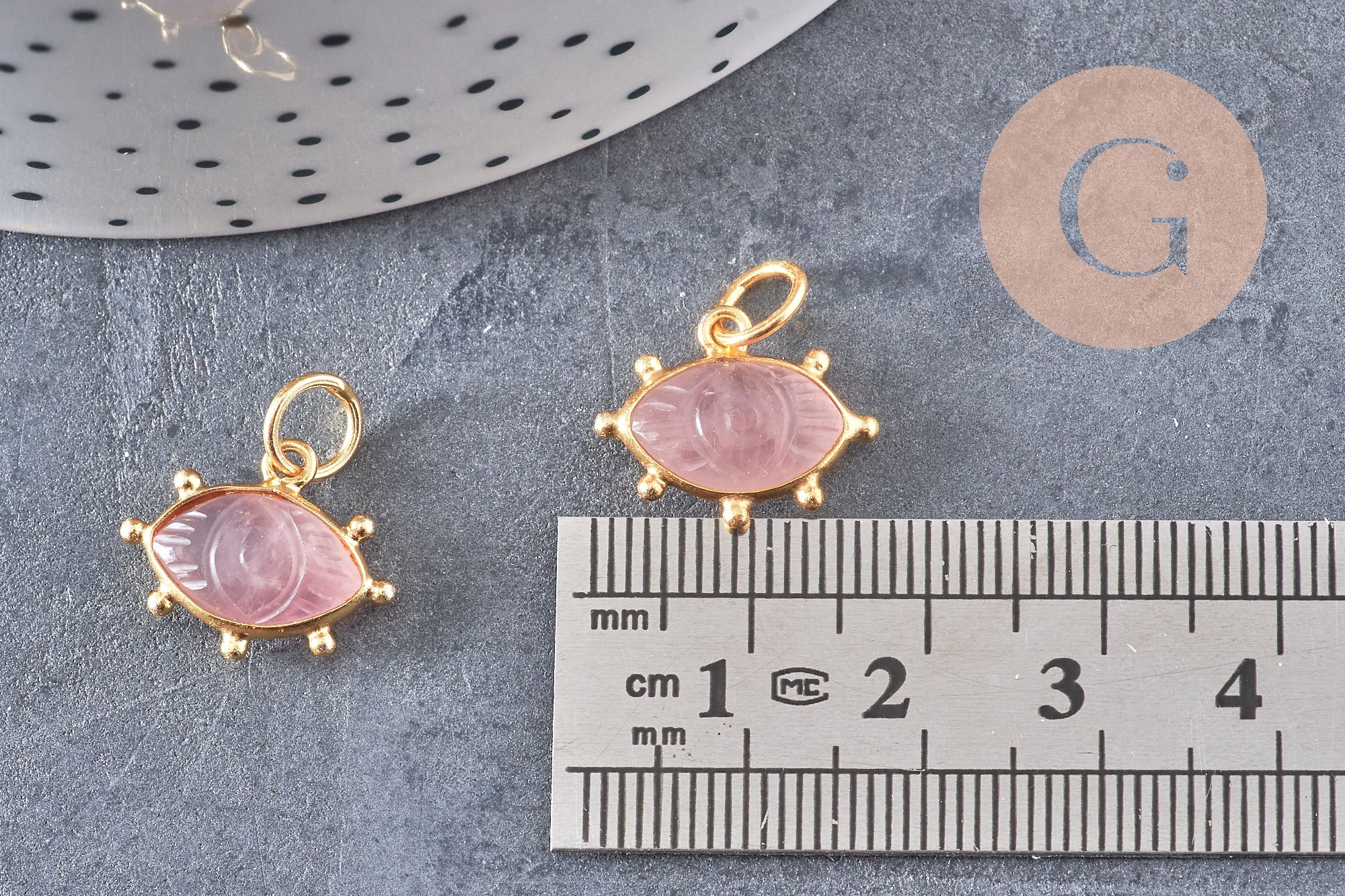 Pendentif oeil quartz rose naturel argent 925 doré 18K 15mm, x1 (G10849)