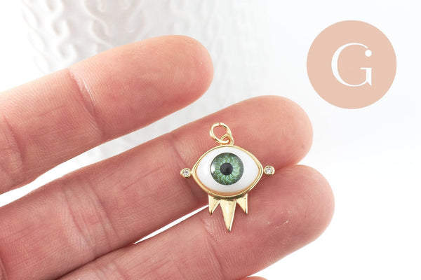 Pendentif oeil résine laiton doré 20K, création bijou doré laiton doré, bijou oeil, 21mm, x1 (G6198)