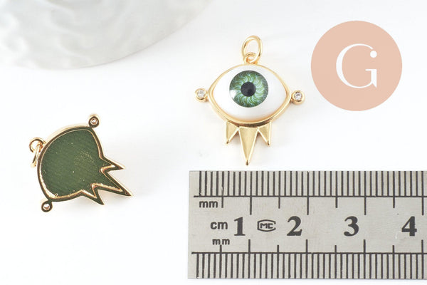 Pendentif oeil résine laiton doré 20K, création bijou doré laiton doré, bijou oeil, 21mm, x1 (G6198)