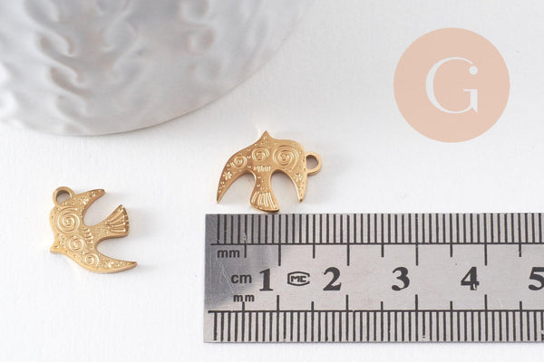 Pendentif oiseau Hirondelle gravé acier 304 inoxydable IP doré 15mm, x1 (G9939)