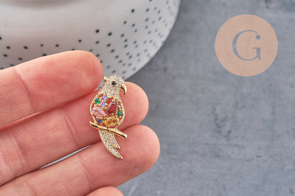 Pendentif oiseau Perroquet laiton doré 16k cristal 29mm,sans nickel,cadeau anniversaire,pendentif animal, Pendentif zircon, x1 (G6677)