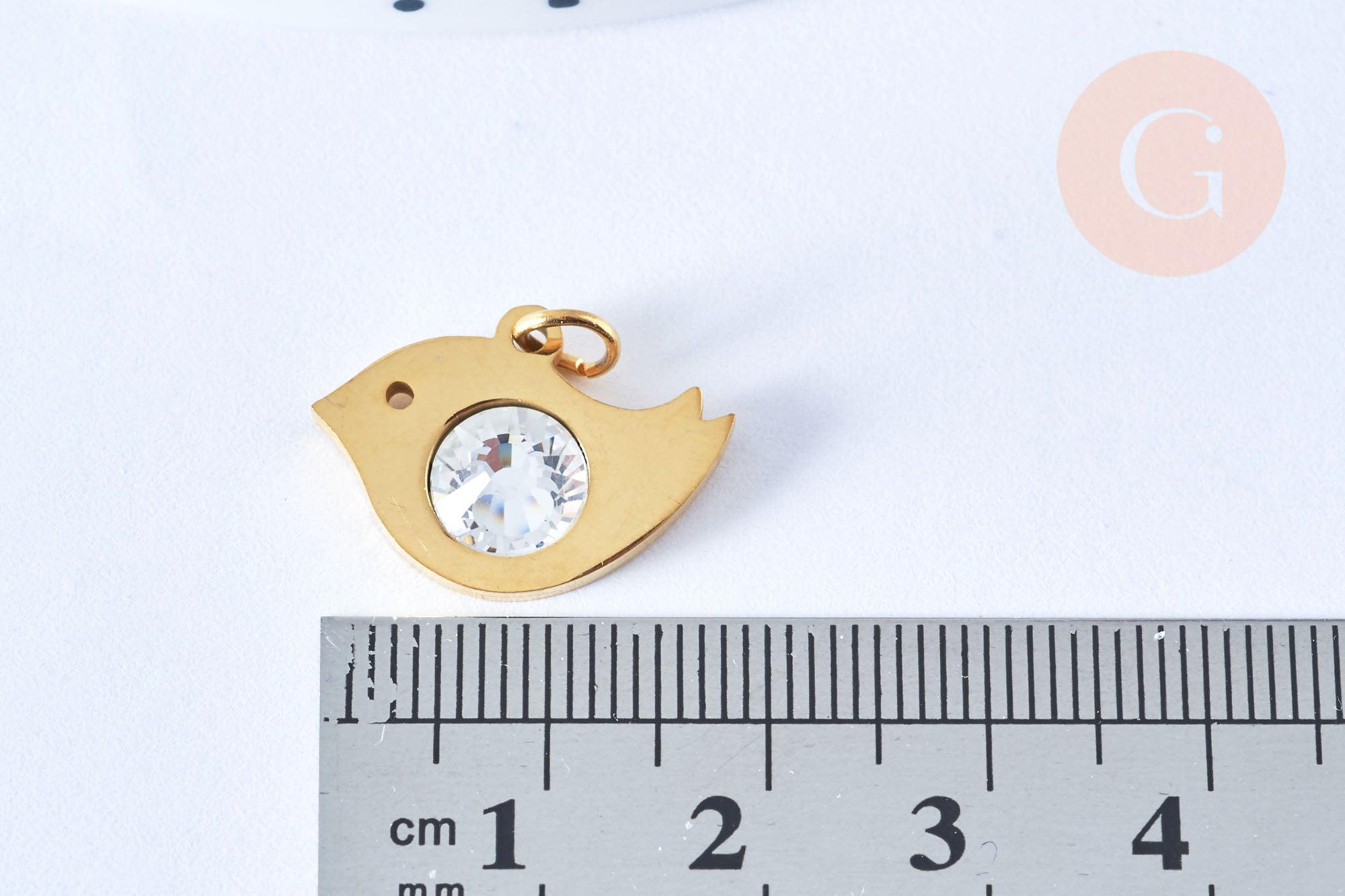 Pendentif oiseau acier 201 inoxydable doré 18K zircon 14mm,acier inoxydable doré pour création bijoux, x1 (G6647)