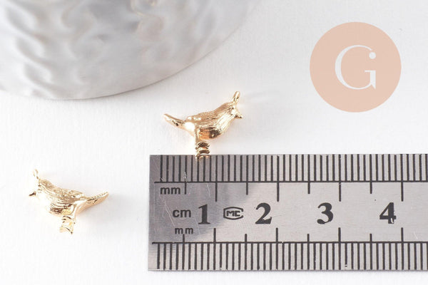 Pendentif oiseau laiton doré 18K 12.5mm, pendentif doré 18K création bijou animal, x2 (G10046)