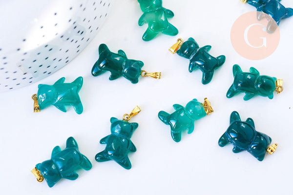 Pendentif ourson agate verte support doré 23mm, pendentif pierre agate naturelle verte,création bijoux en pierre naturelle, x1, G5703