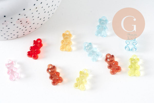 Pendentif ourson en résine colorée 20.5mm, pendentif bonbon, pendentif création de bijoux d'enfance régressifs, X10 (G5945)