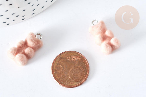 Pendentif ourson floqué velours beige résine platine 22mm, pendentif enfance régressif,x2 (G8129)