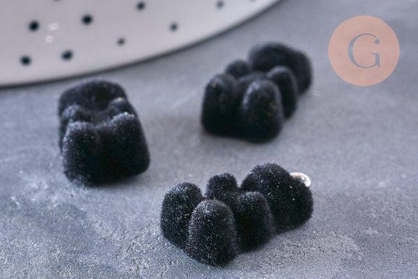 Pendentif ourson floqué velours noir résine platine, pendentif enfance, x2 (G6644)