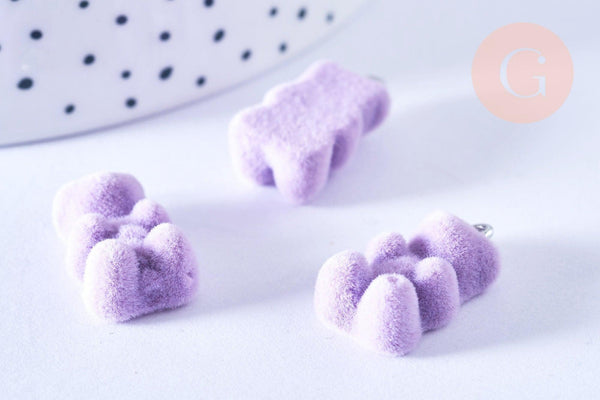 Pendentif ourson floqué velours violet résine platine 22mm, pendentif enfance régressif, x2 (G6901)