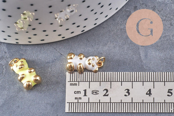 Pendentif ourson laiton doré 18K résine colorée 17.5mm, pendentif laiton jouet, bijou d'enfance, x1 (G6263)